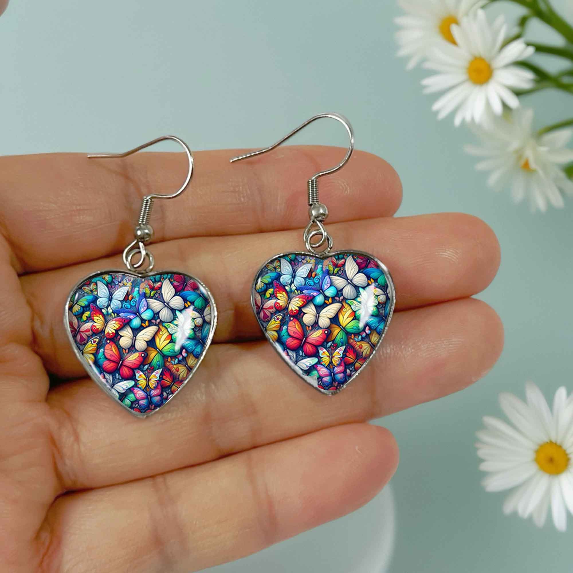 Colorful Butterfly Cluster Heart Pendant Earrings